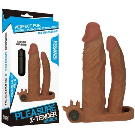 Удлиняющая вибронасадка для двойного проникновения Pleasure X Tender Vibrating Double Penis Sleeve мулат + 5 см минск
